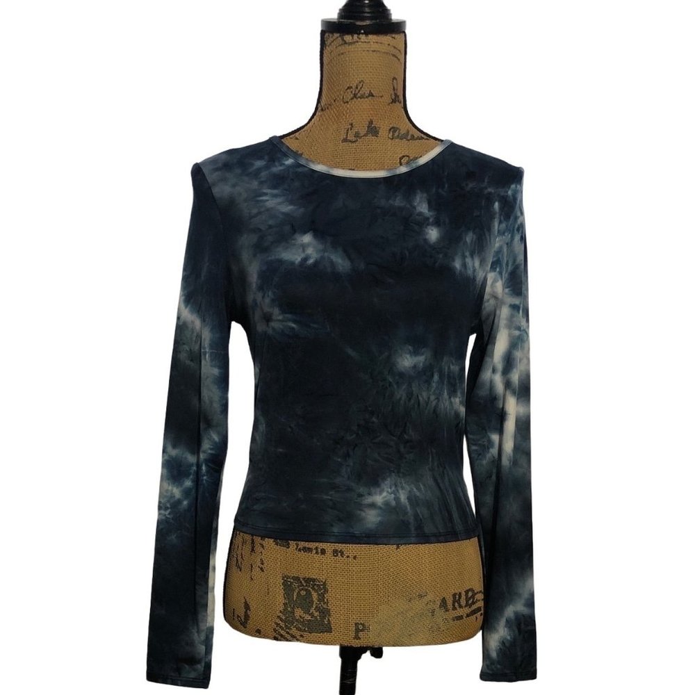 Gaze‎ S Top Dark Blue Tie Dye Long Sl Cropped Pullover Crew Neck Cute Casual